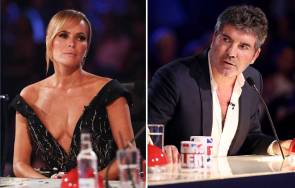 Amanda Holden And Simon Cowell Smile As They Pose For A Photo With Joan Collins. Amanda Holden Of Bgt Gives Simon Cowell A Stern Warning